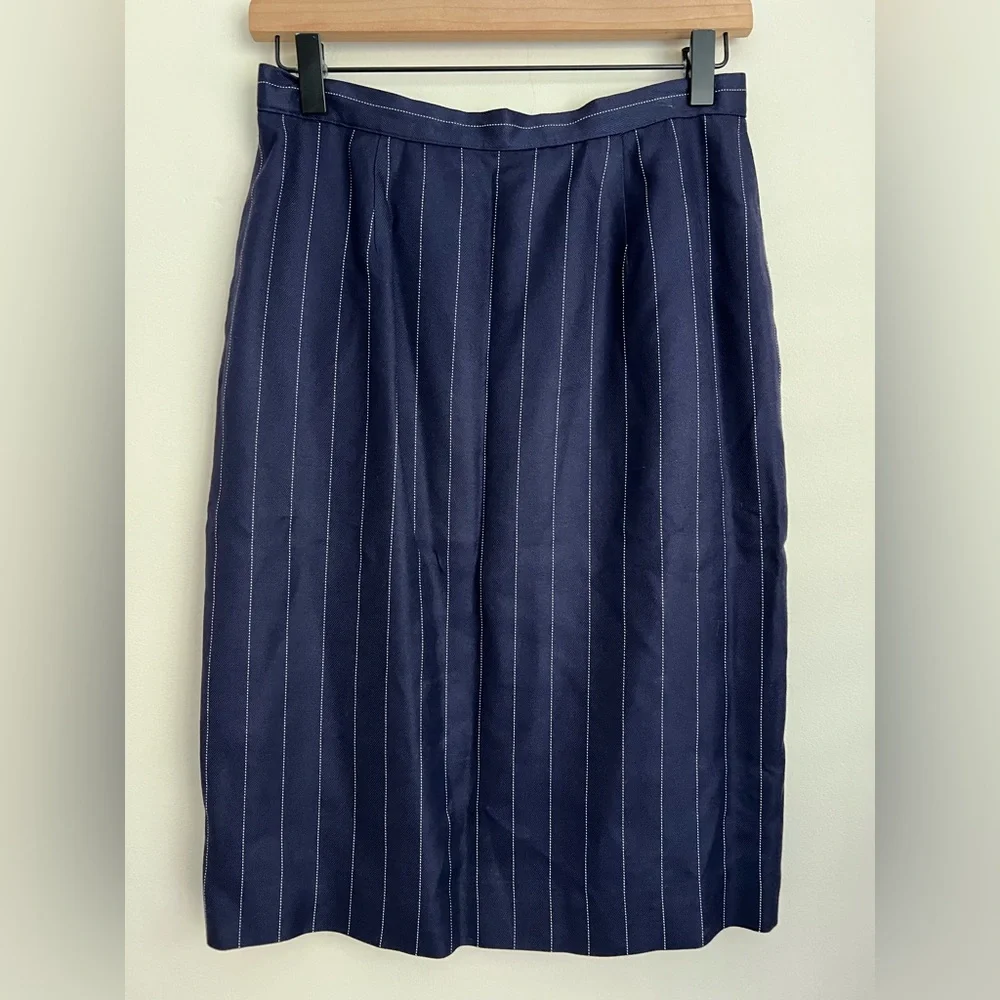 Christian Dior blazer skirt set navy blue pinstripe short sleeve vintage USA 6
